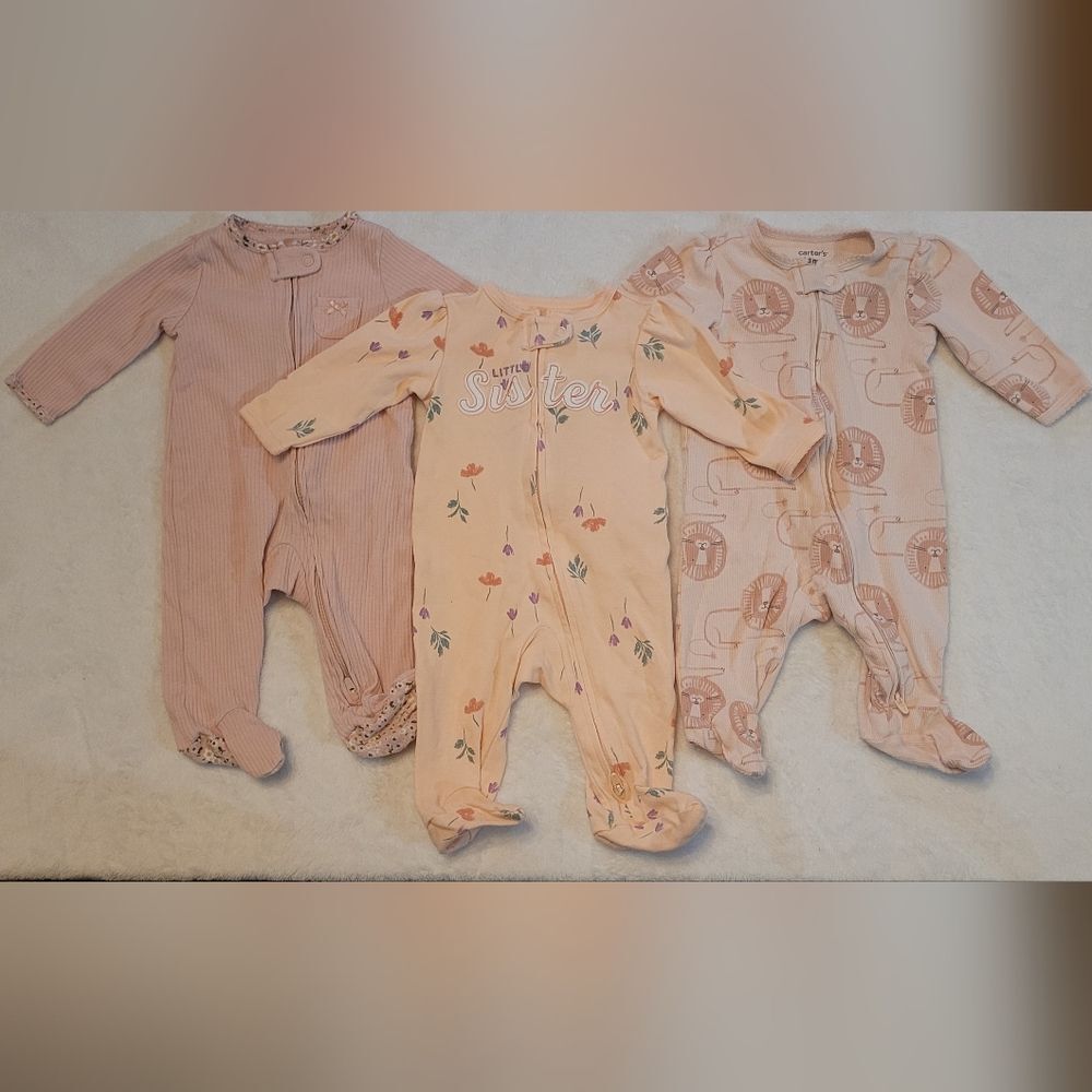 Carters size 3 months pink floral little sisters animal footie pajamas b…